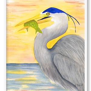 Gray Heron at Dinner Time - Watercolor Digital,Print Downloadable