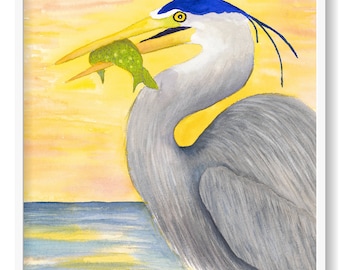 Gray Heron at Dinner Time - Watercolor Digital,Print Downloadable