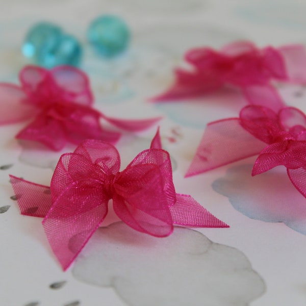 Fuchsia Mini Organza Bows, Pink Card Making Bows, Wedding Decoration, Pink Tiny Bows, Pre-tied Organza Bows, Small Favor Bows