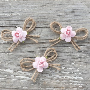 Jute Twine Mini Bows with Paper Flowers Wedding Decoration Fabric Bow Card Making Scrapbooking Small Tiny Rustic Bows Baby Pink Flowers image 9
