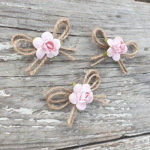 Jute Twine Mini Bows with Paper Flowers Wedding Decoration Fabric Bow Card Making Scrapbooking Small Tiny Rustic Bows Baby Pink Flowers image 3