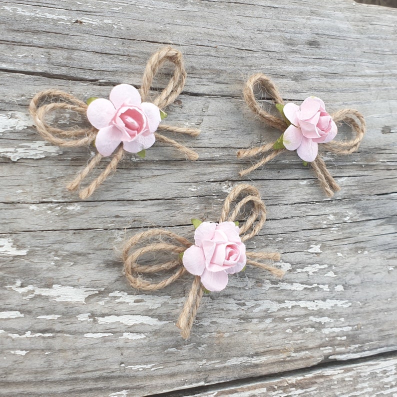 Jute Twine Mini Bows with Paper Flowers Wedding Decoration Fabric Bow Card Making Scrapbooking Small Tiny Rustic Bows Baby Pink Flowers image 3