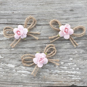 Jute Twine Mini Bows with Paper Flowers Wedding Decoration Fabric Bow Card Making Scrapbooking Small Tiny Rustic Bows Baby Pink Flowers image 1