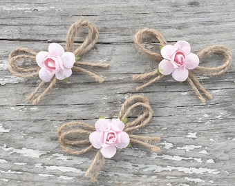 Jute Twine Mini Bows with Paper Flowers Wedding Decoration Fabric Bow Card Making Scrapbooking Small Tiny Rustic Bows Baby Pink Flowers