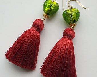 Red Silky Tassel Earrings Boho Earrings Drop Tassel Earrings Dangle Tassel Earrings Handmade Jewelry Statement Earrings