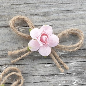 Jute Twine Mini Bows with Paper Flowers Wedding Decoration Fabric Bow Card Making Scrapbooking Small Tiny Rustic Bows Baby Pink Flowers image 4