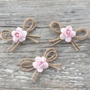 Jute Twine Mini Bows with Paper Flowers Wedding Decoration Fabric Bow Card Making Scrapbooking Small Tiny Rustic Bows Baby Pink Flowers image 2