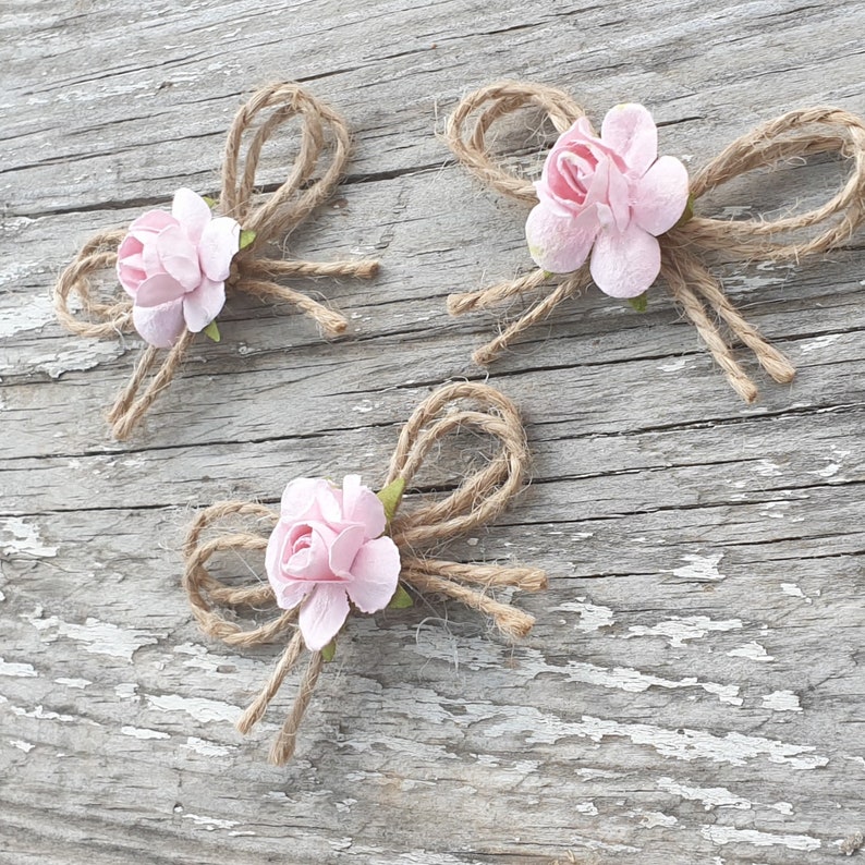 Jute Twine Mini Bows with Paper Flowers Wedding Decoration Fabric Bow Card Making Scrapbooking Small Tiny Rustic Bows Baby Pink Flowers image 8