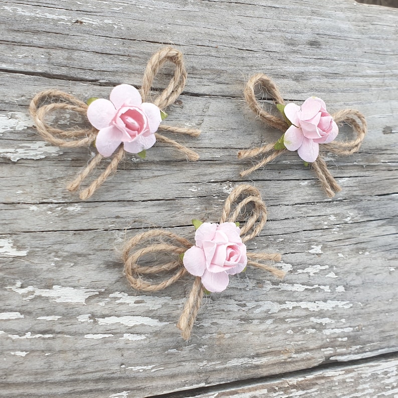 Jute Twine Mini Bows with Paper Flowers Wedding Decoration Fabric Bow Card Making Scrapbooking Small Tiny Rustic Bows Baby Pink Flowers image 10