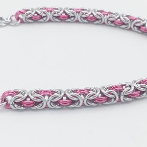 Chainmail Bracelet - Silver and Dark Rose Byzantine Weave
