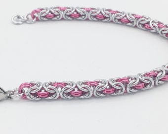 Chainmail Bracelet - Silver and Dark Rose Byzantine Weave