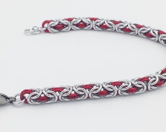Chainmail Bracelet - Silver and Red Byzantine Weave