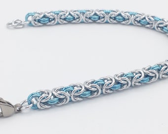 Chainmail Bracelet - Silver and Sky Blue Byzantine Weave