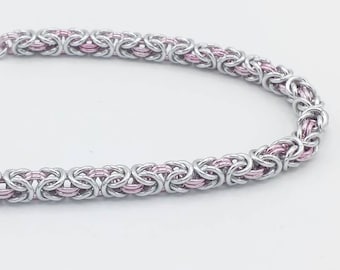 Chainmail Bracelet - Silver and Pink Byzantine Weave