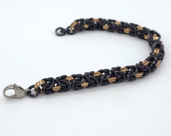 Black and Bronze Byzantine Weave Chainmail Bracelet - Square Rings