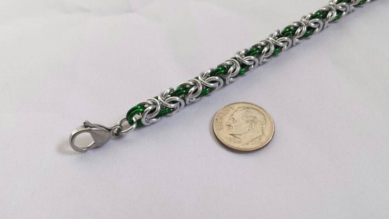 Chainmail Bracelet Silver and Green Byzantine Weave image 3
