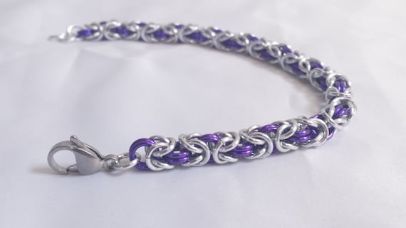 Chainmail Bracelet - Silver and Purple Byzantine Weave