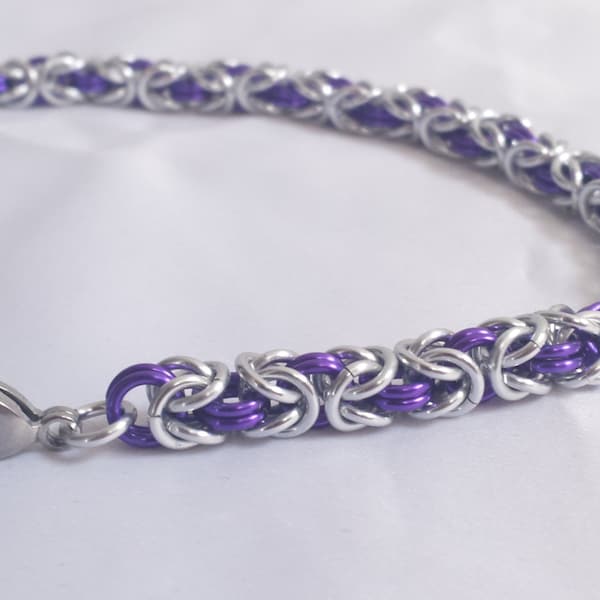 Chainmail Bracelet - Silver and Purple Byzantine Weave