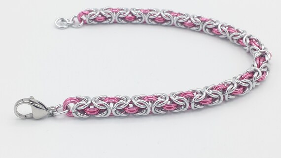 Chainmail Bracelet - Silver and Dark Rose Byzantine Weave