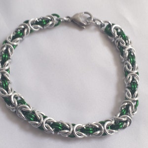 Chainmail Bracelet Silver and Green Byzantine Weave image 5