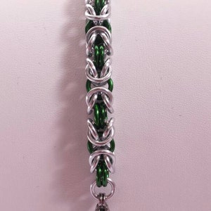 Chainmail Bracelet Silver and Green Byzantine Weave image 4