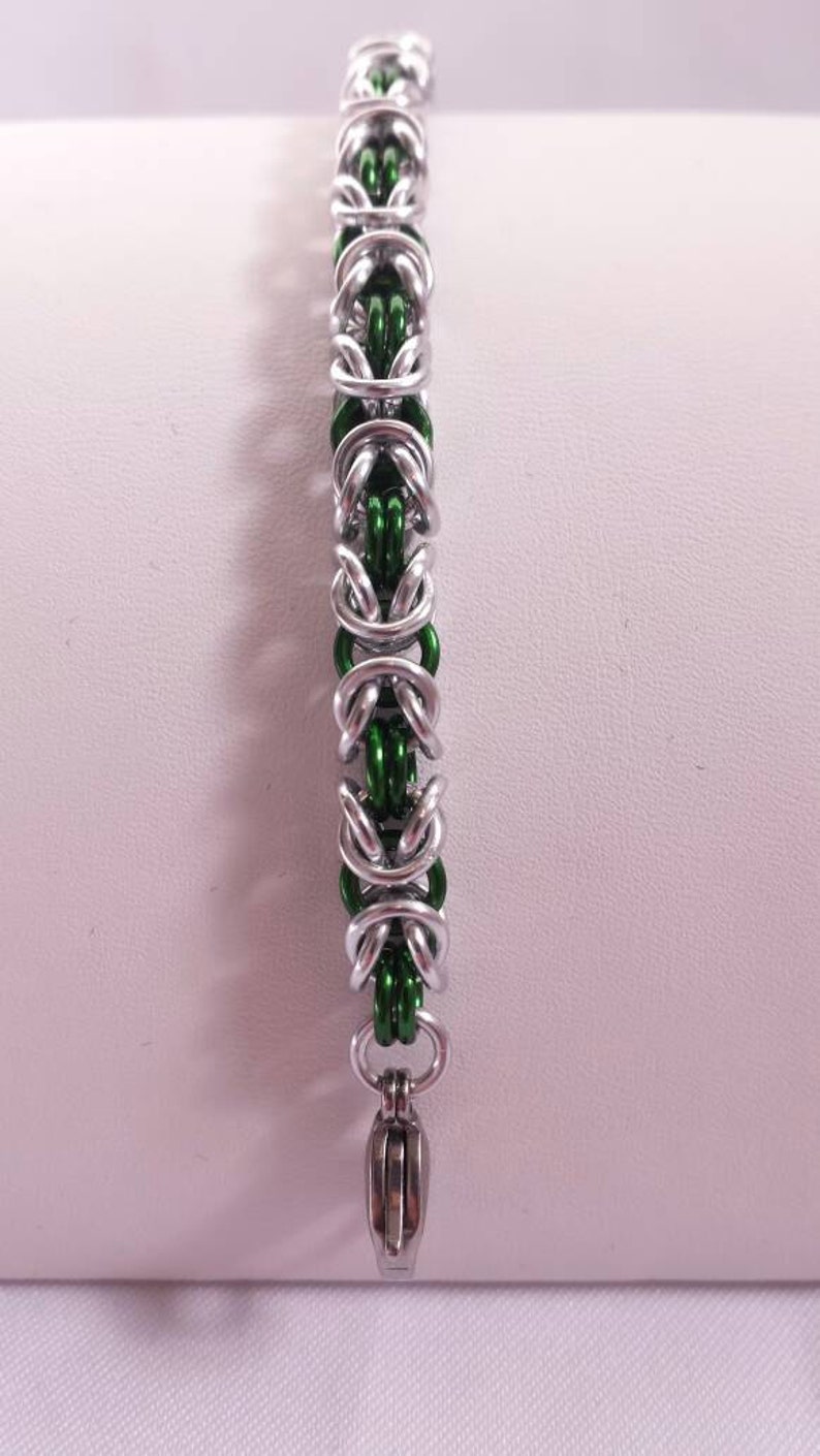 Chainmail Bracelet Silver and Green Byzantine Weave image 4