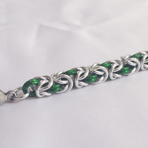 Chainmail Bracelet Silver and Green Byzantine Weave image 2