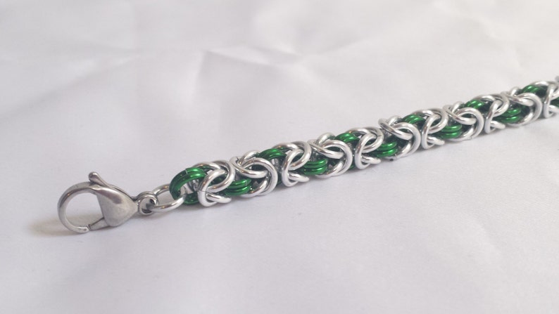 Chainmail Bracelet Silver and Green Byzantine Weave image 2