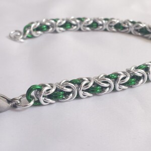 Chainmail Bracelet Silver and Green Byzantine Weave image 1