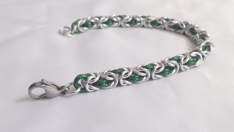 Chainmail Bracelet Silver and Green Byzantine Weave image 1