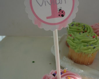 Ladybug 15-Piece Set Consists of 12 Personalized Birthday Party PicPick Cupcake Toppers and 3 Name/Age/Theme Circles