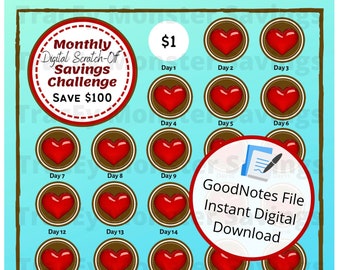 Monthly Digital Scratch Off Savings Challenge - Goodnotes File | Instant Download | Daily Savings Challenge | Savings | Red Heart Chocolate