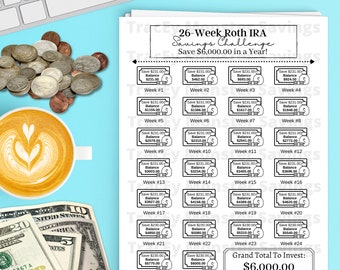 Tracker della sfida di risparmio Roth IRA di 26 settimane / Sfida bisettimanale / Formato file PDF / Download istantaneo / Stampabile da casa / Digitale