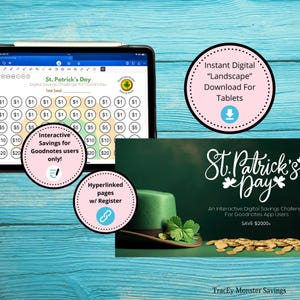 Puede incluir: Un desafío de ahorro digital para usuarios de la aplicación Goodnotes, con un sombrero de duende verde y monedas de oro. El desafío está ambientado en el Día de San Patricio e incluye páginas con hipervínculos con un registro.  Ahorra 2000 €+