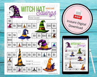 Gioco da tavolo Witch Hat Savings Challenge / Streghe di Halloween spaventose e inquietanti / Download digitale immediato / File PDF / Stampabile