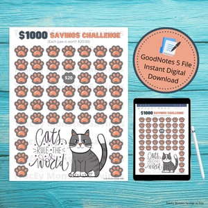 Cats Rule The World 1000 Savings Challenge Tracker - GoodNotes 5 | Kittens | Instant Digital Download | Digital | Sinking Funds | Saving
