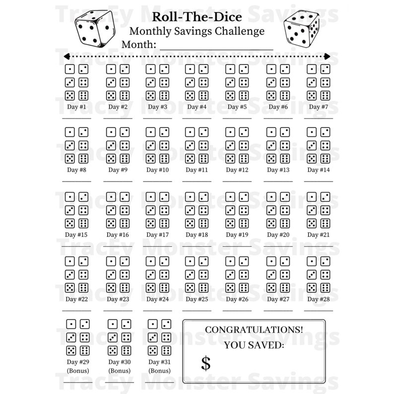 Roll the Dice Savings Challenge Tracker Monthly Challenge Etsy