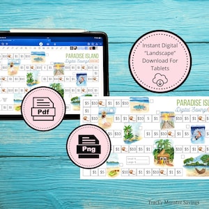 Puede incluir: Una descarga digital para tabletas de una tabla de ahorros imprimible "Paradise Island". La tabla presenta un tema de isla tropical con imágenes de palmeras, cocos y tablas de surf. La tabla está diseñada para ayudar a las personas a realizar un seguimiento de sus objetivos de ahorro. La tabla está disponible en formatos PDF y PNG.