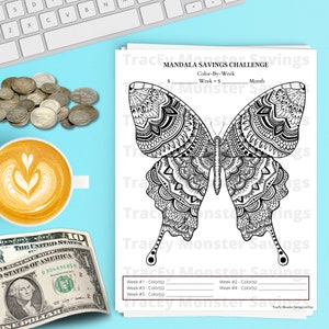 BUTTERFLY Mandala Color By Week Money Savings Challenge Tracker | Money Saving Challenge | Saving Challenge | PDF Digital Download