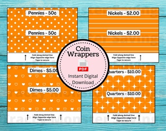 Coin Roll Wrappers for US Currency - Orange | Assembly Required | Custom Change Wrapper | Pennies | Nickels | Dimes | Quarters | Coins