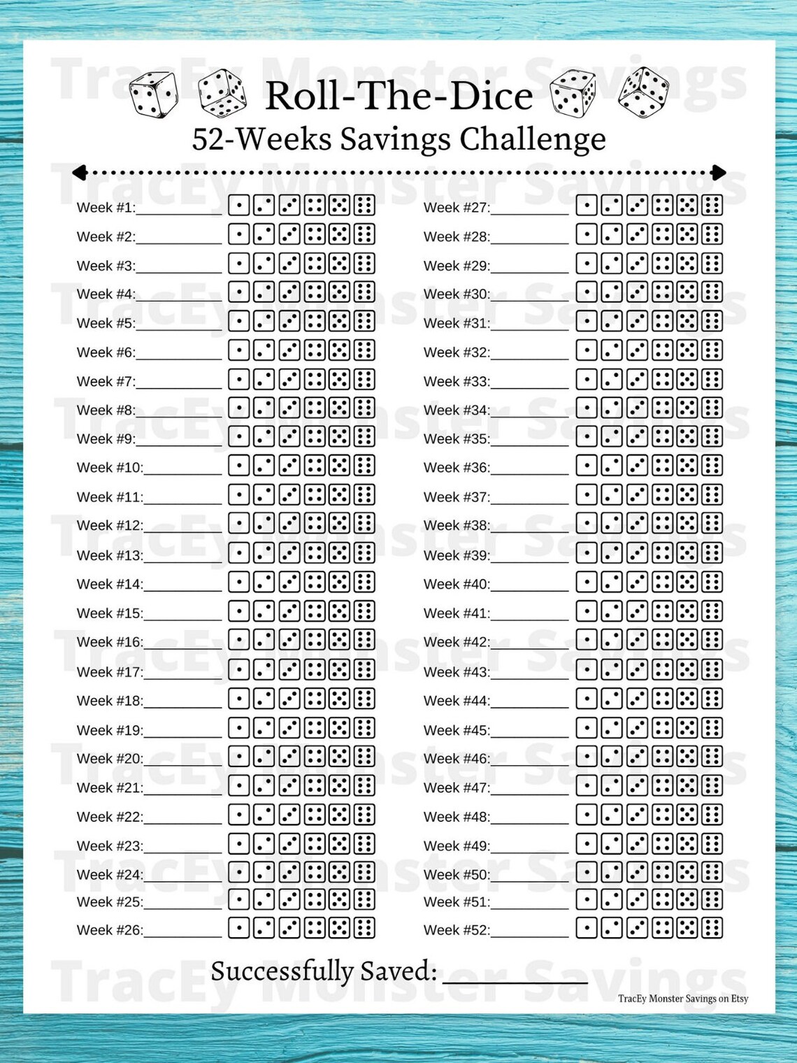Roll the Dice Savings Challenge Tracker 52 Weeks Money Etsy Canada