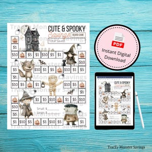 May include: A printable Halloween-themed savings board game with a witch, werewolf, mummy, and Frankenstein monster. The game board has spaces for players to track their savings with dollar amounts of $1, $5, and $10. The game board also has spaces for players to track their total savings for small and large purchases.