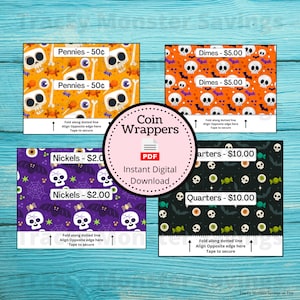 Envoltorios para rollos de monedas de EE. UU. - Calaveras / Requiere ensamblaje / Envoltorio de cambio personalizado / Halloween / Espeluznante / Escalofriante / Ahorrar dinero