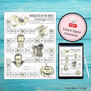 Monsters In The Night Savings Challenge Board Game & Tracker | Instant Digital Download | PDF File | Printable | Print from Home | Halloween