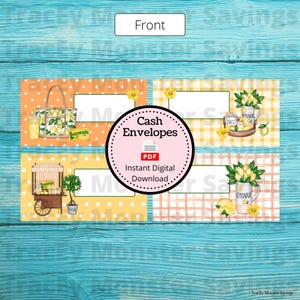 May include: Four cash envelopes with a lemonade theme. The designs include lemons, lemonade stands, and polka dots. A central circular graphic reads "Cash Envelopes" and "Instant Digital Download". The image has a summery, fresh feel.
