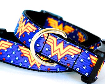 Super Hero Dog Collar, Woman Dog Collar, Blue and Gold Dog Collar, Wonder Dog Collar, 1" thick collar, breakaway collar