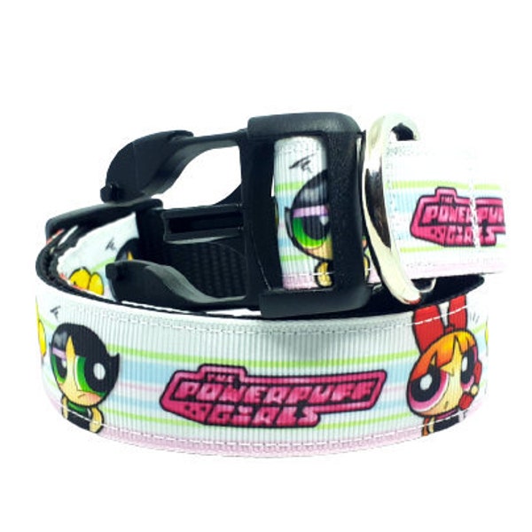 Powerpuff Girls Dog Collar, Bubbles, Blossom, Buttercup, Cartoon Dog Collar, TV Show Dog Collar,  1" thick, adjustable collar