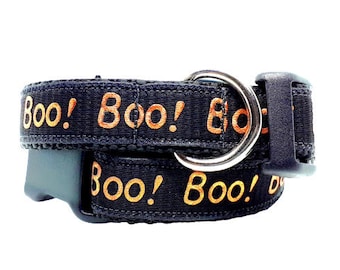Halloween Dog Collar, Ghost Dog Collar, Boo Dog Collar, Spooky Dog Collar, Black and Orange Dog Collar, 3/4" thick, adjustable collar
