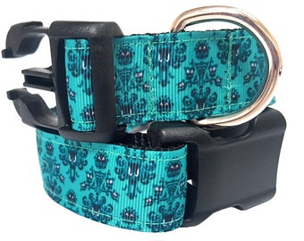 Haunted Mansion Dog Collar, Teal Dog Collar, Haunted Wallpaper Collar, Disney Dog Collar, 3/4&quot; & 1&quot; thick collar, adjustable collar, leash