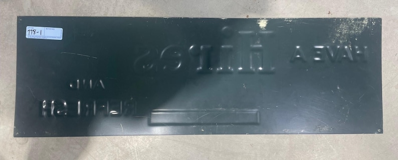 K&ouml;nnte beinhalten: Ein rechteckiges, dunkelgr&uuml;nes Metallschild mit gepr&auml;gter wei&szlig;er Schrift. Das Schild tr&auml;gt die Worte "HAVE A LITTLE FUN" und andere Texte. Ein kleiner wei&szlig;er Aufkleber mit der Nummer "119-1" befindet sich in der oberen linken Ecke. Das Schild hat ein abgenutztes Aussehen.
